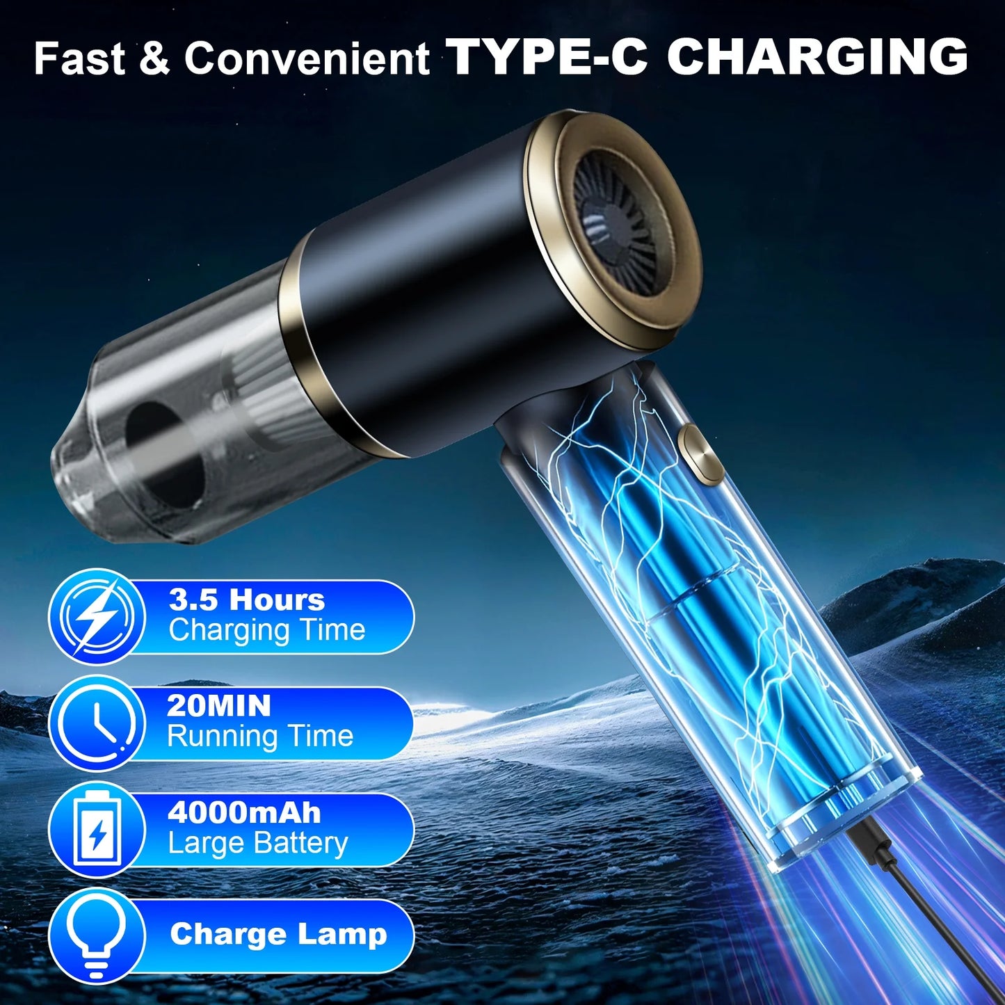 Car Vacuum Cleaner, 12000PA Powerful Sutions Cordless Handheld Vacuum, 2 Speeds Lightweight Mini Vacuum Blow & Suction for Car, Keyboard, Home, Black