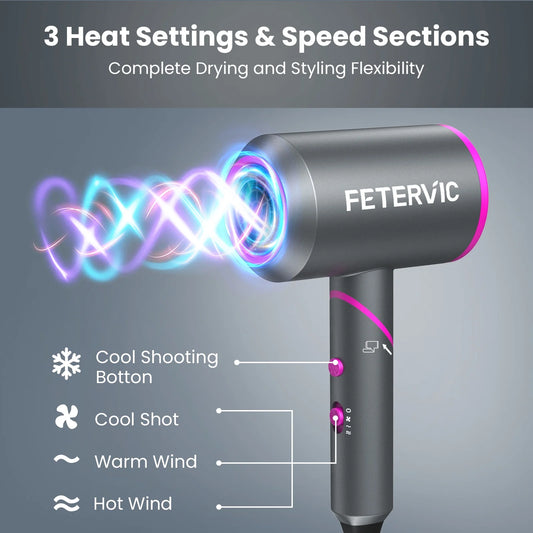 Folding Hair Dryer 2000W, Lightweight Travel Blow Dryer with Ionic Technology, 2 Speed & 3 Heat Settings, Low Radiation, Diffuser & Nozzles Included