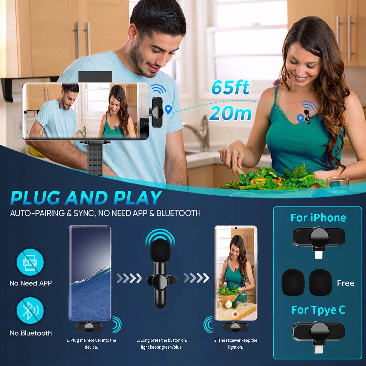 Wireless Lavalier Mini Microphone for Iphone Audio Video Recording 2 Mic + 1 Receiver