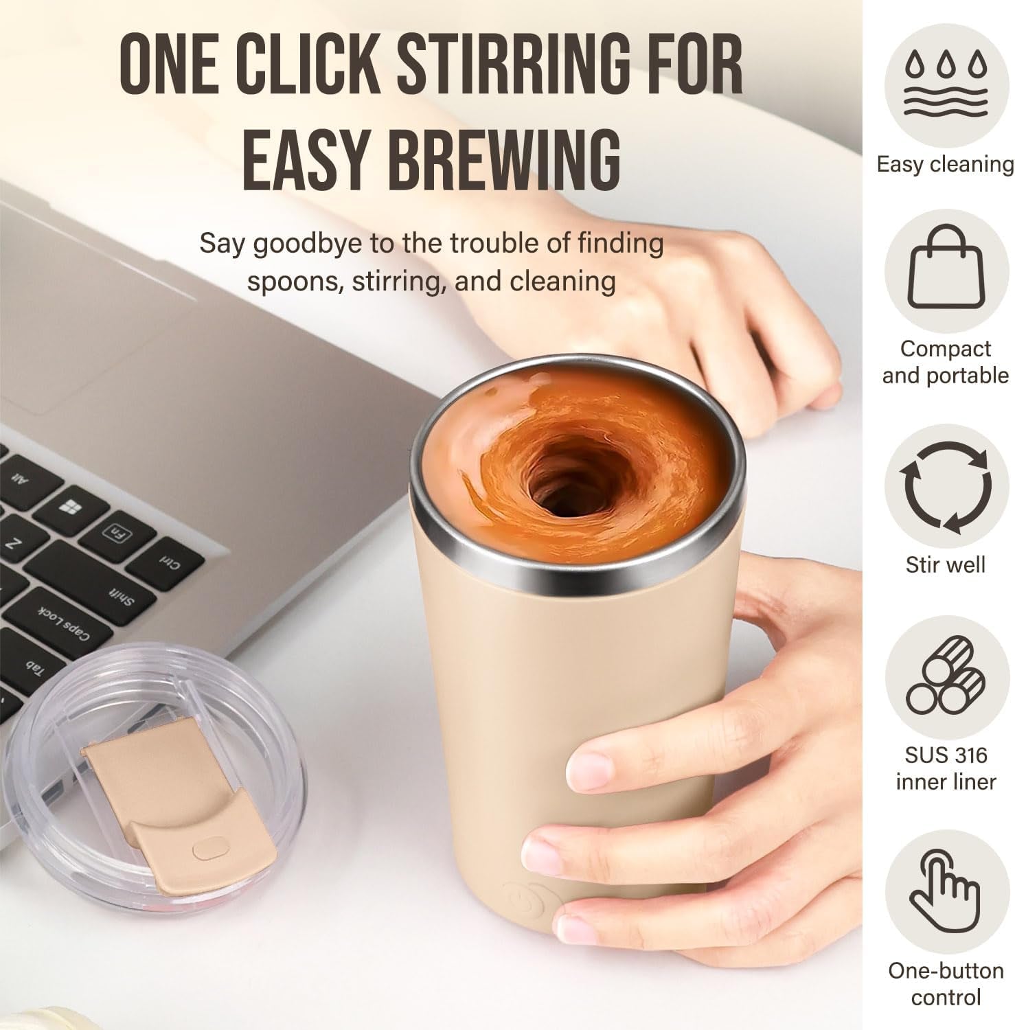 Self Stirring Coffee Mug with Lid Electric High Speed Self Stirring Mug 400Ml Rechargeable Detachable Stainless Steel Self Stirring Cup for Coffee, Milk, Cocoa Christmas Gift(Apricot)