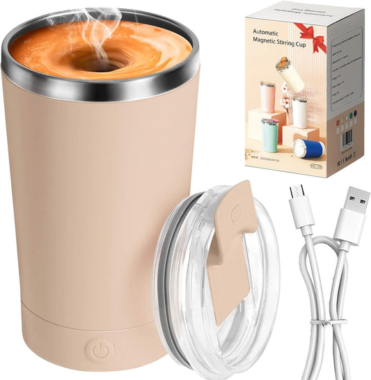 Self Stirring Coffee Mug with Lid Electric High Speed Self Stirring Mug 400Ml Rechargeable Detachable Stainless Steel Self Stirring Cup for Coffee, Milk, Cocoa Christmas Gift(Apricot)
