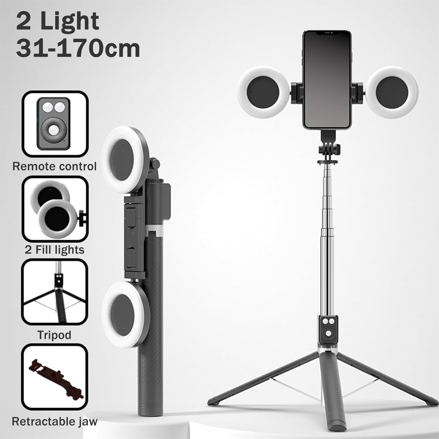Selfie Stick Tripod with Fill Light, Phone Selfie Stick,Durable Stainless Steel Design,Bluetooth Remote Control,And Stable Three-Legged Support for Live Broadcasts,Video Shooting (Black)