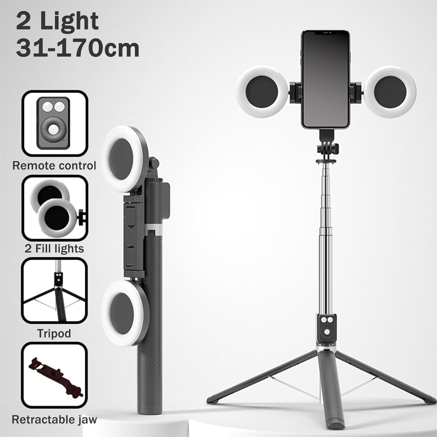 Selfie Stick Tripod with Fill Light, Phone Selfie Stick,Durable Stainless Steel Design,Bluetooth Remote Control,And Stable Three-Legged Support for Live Broadcasts,Video Shooting (Black)