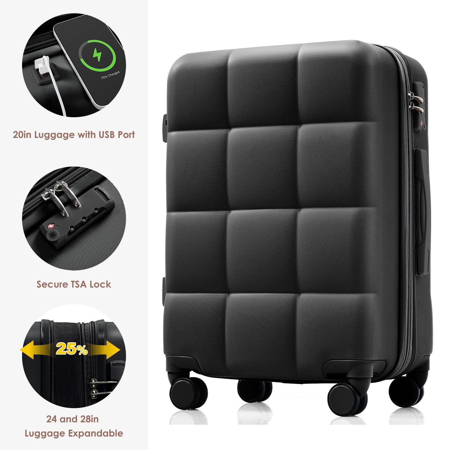 4 Piece Luggage Sets,Abs Hardshell Suitcase Set with USB Port ,Cup Holder,Travel Bag and Spinner Wheels,Expandable Travel Luggage for Men Women(20"/24"/28"),Black
