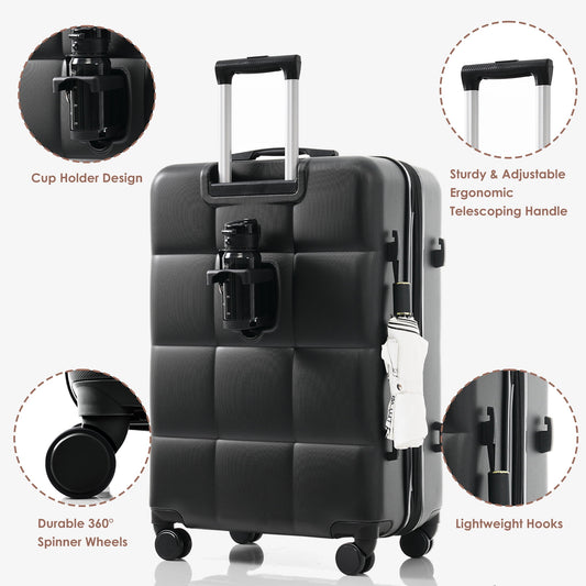 4 Piece Luggage Sets,Abs Hardshell Suitcase Set with USB Port ,Cup Holder,Travel Bag and Spinner Wheels,Expandable Travel Luggage for Men Women(20"/24"/28"),Black