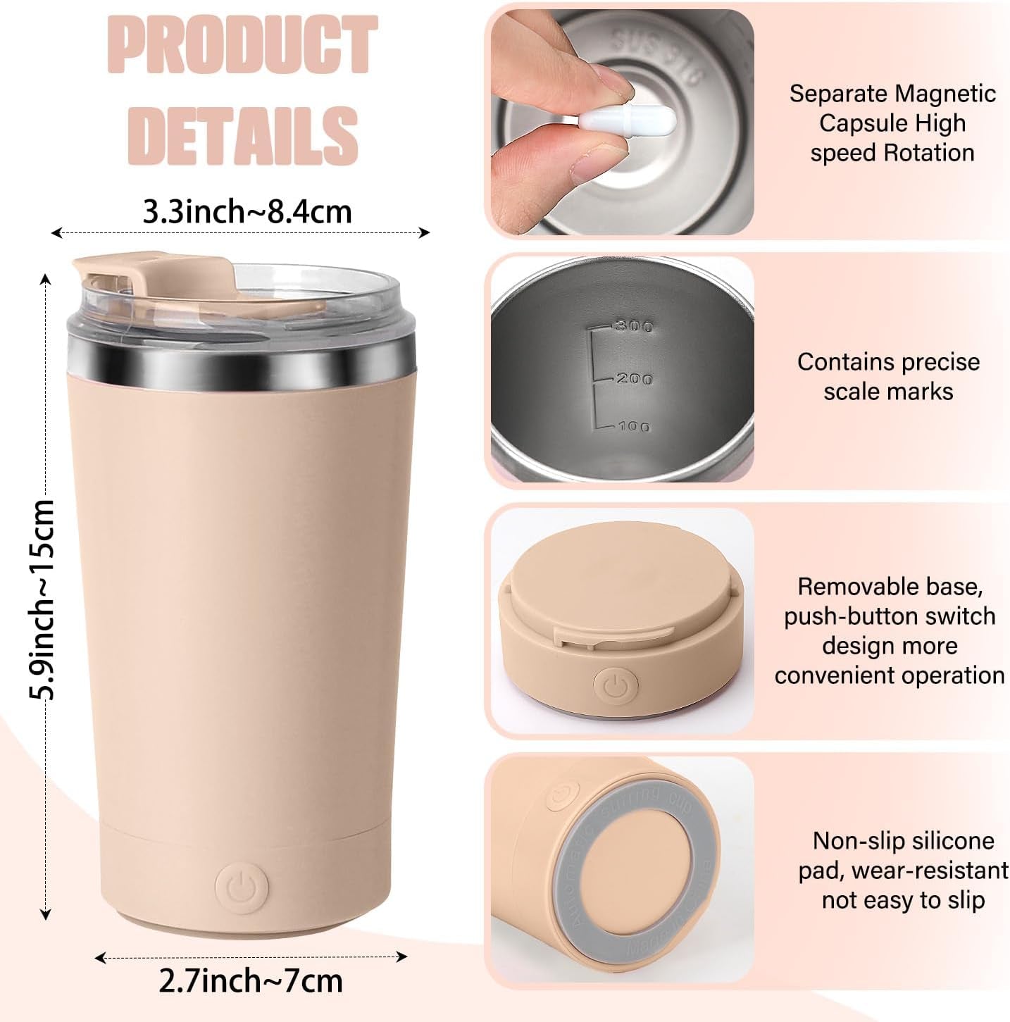 Self Stirring Coffee Mug with Lid Electric High Speed Self Stirring Mug 400Ml Rechargeable Detachable Stainless Steel Self Stirring Cup for Coffee, Milk, Cocoa Christmas Gift(Apricot)