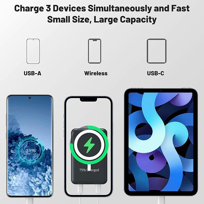 Power Bank Magnetic Portable Wireless Fastcharger 10000Mah Type - C Cable Leddisplay 22.5W PD Fast Charging Lightingmag-Safe Battery Pack for Iphone15 14 13 12 Mini Pro Pro Max Devices Digital
