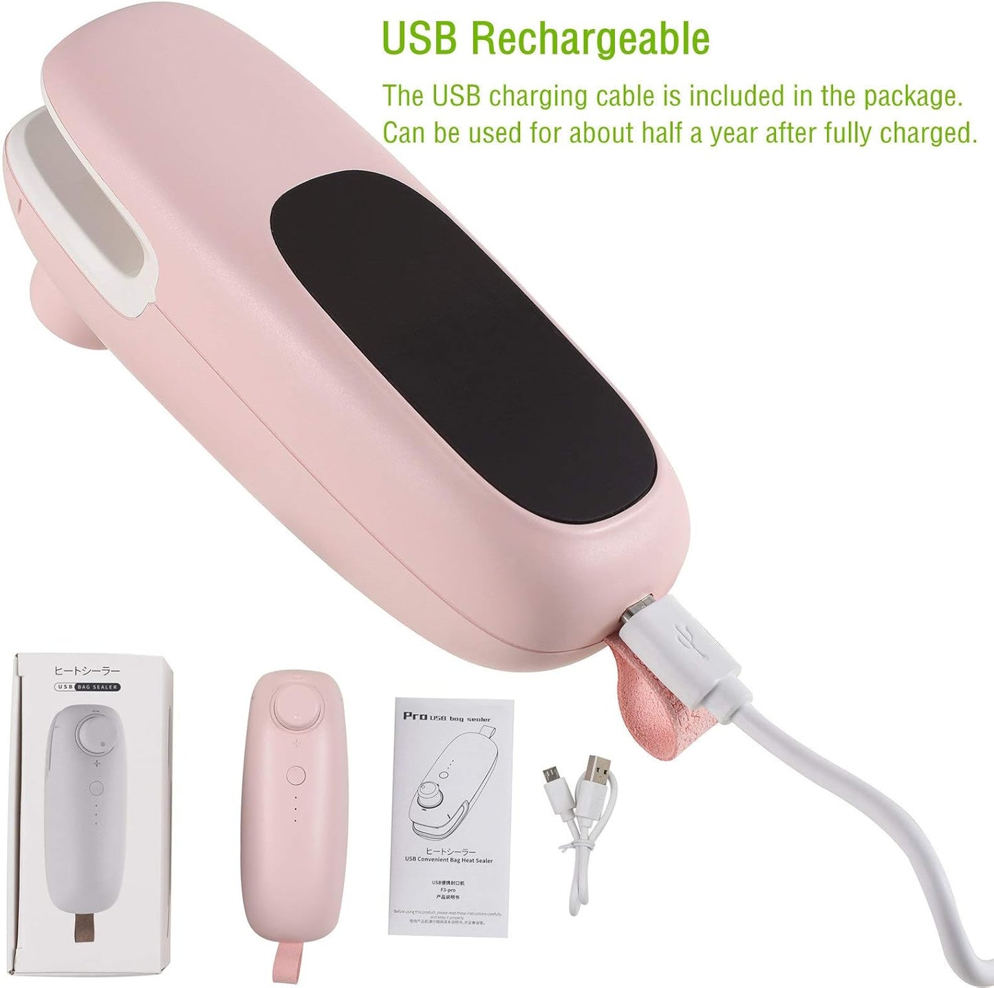 USB Charging Mini Handheld Bag Sealer Heat Seal Small Hot Food Bag Sealer Machine,2 in 1 Heat Sealer and Cutter for Plastic Bags Mylar Bags Food Storage Snack Fresh Bag (Pink)