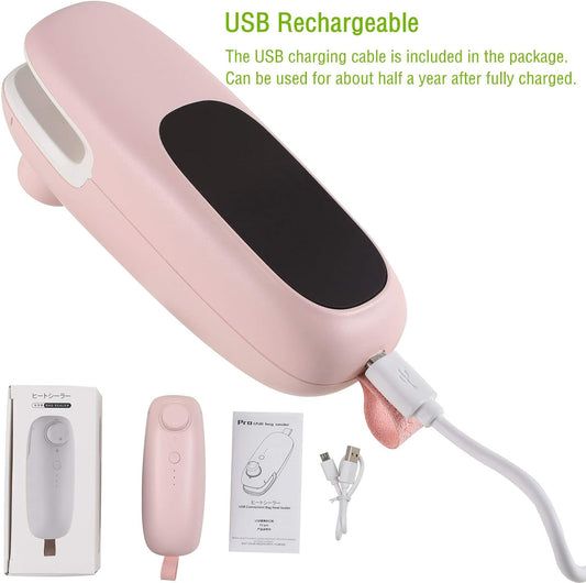 USB Charging Mini Handheld Bag Sealer Heat Seal Small Hot Food Bag Sealer Machine,2 in 1 Heat Sealer and Cutter for Plastic Bags Mylar Bags Food Storage Snack Fresh Bag (Pink)